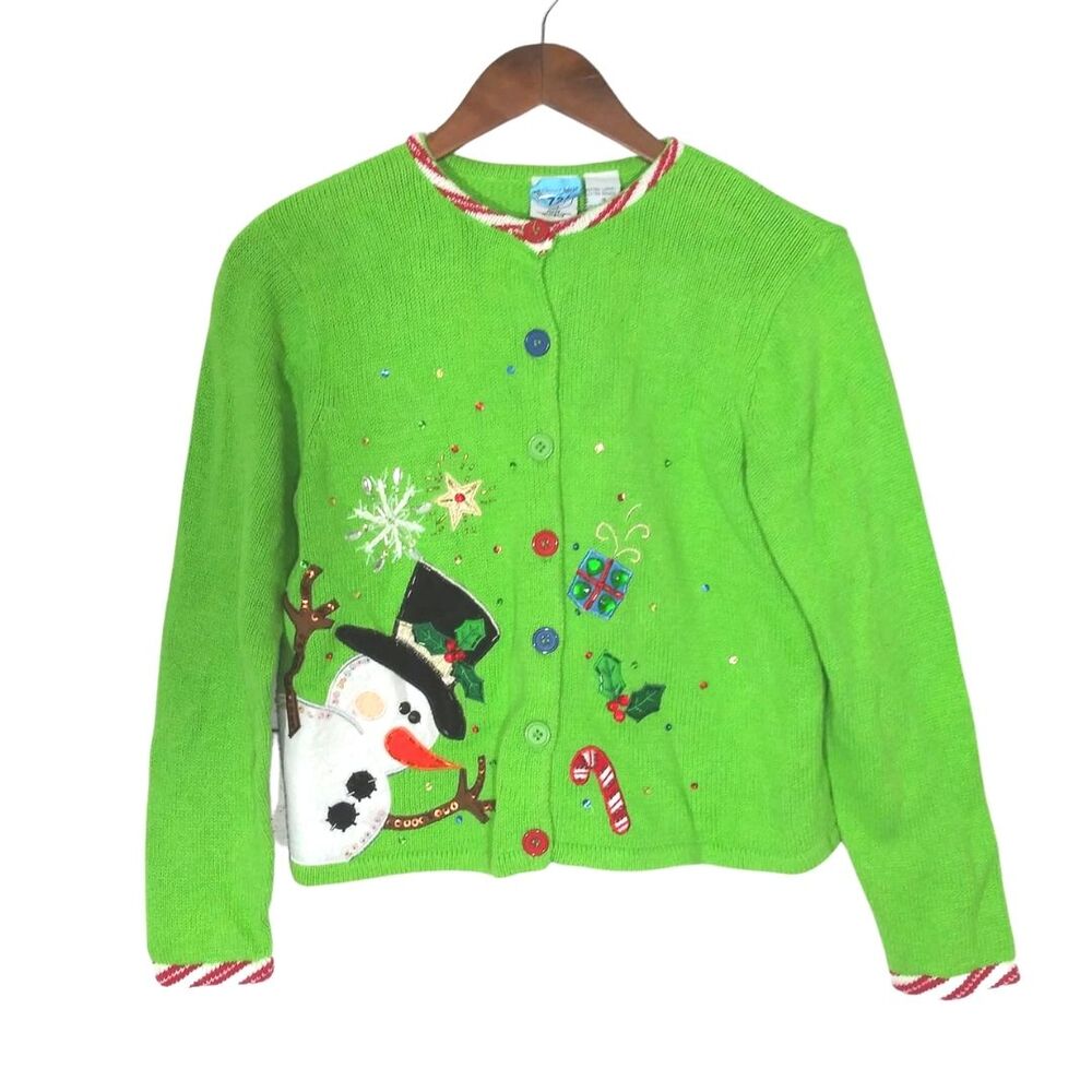 Tiara Green Snowman Holiday Button Front Christmas Cardigan Sz Small